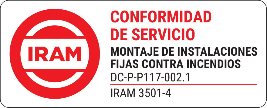 Sello IRAM de Conformidad de Servicio: Montaje de instalaciones fijas contra incendios, norma IRAM 3501-4, licencia DC-P-P117-002.1